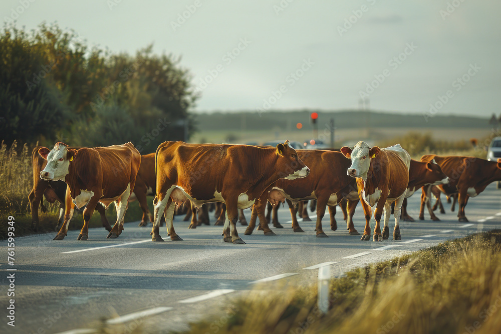 Cattle Herd Crossing Rural Road.