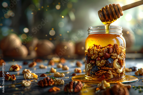 Jar of Honey and Nuts in Golden Light. © Poter