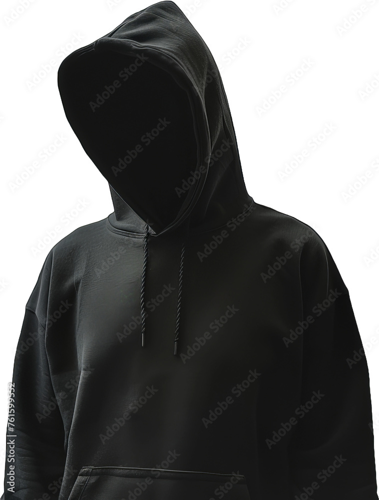 Mysterious figure in black hoodie with face obscured, cut out transparent