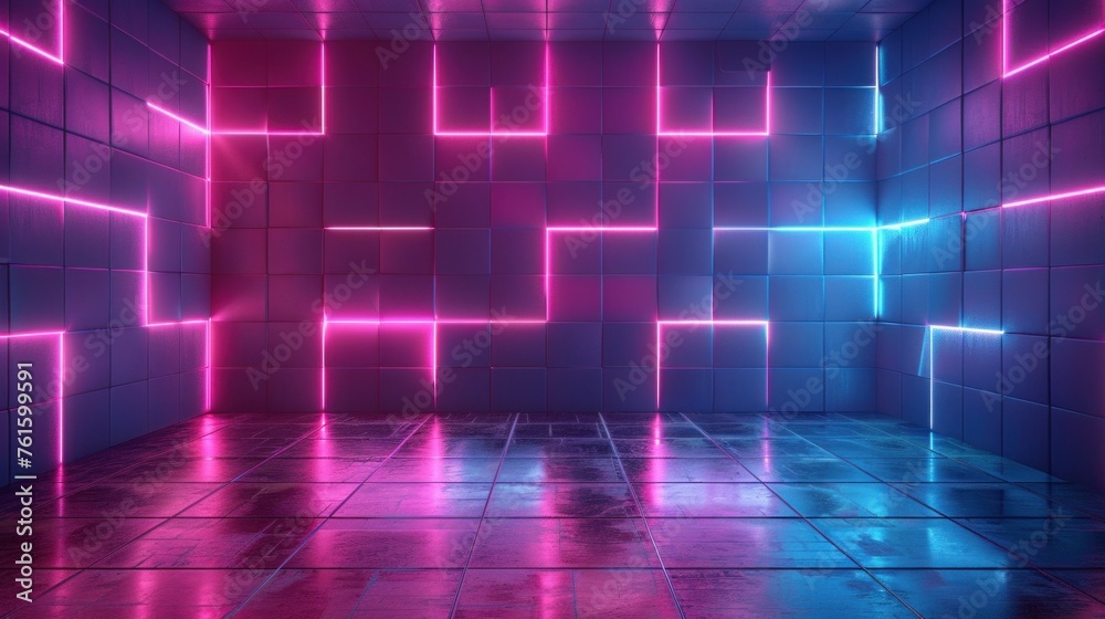 Abstract geometric pink blue neon light 3d texture wall with squares and square cubes background banner illustration with glowing lights, textured wallpaper - obrazy, fototapety, plakaty 