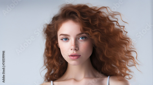 Young red-haired woman with perfect smooth skin isolated over white background. Concept of natural beauty, plastic surgery, cosmetology, cosmetics, skin care. Closeup portrait. Generative AI