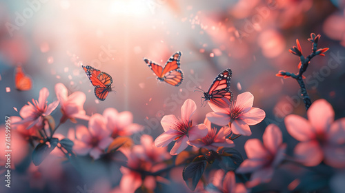 Butterflies fluttering among flowers photo