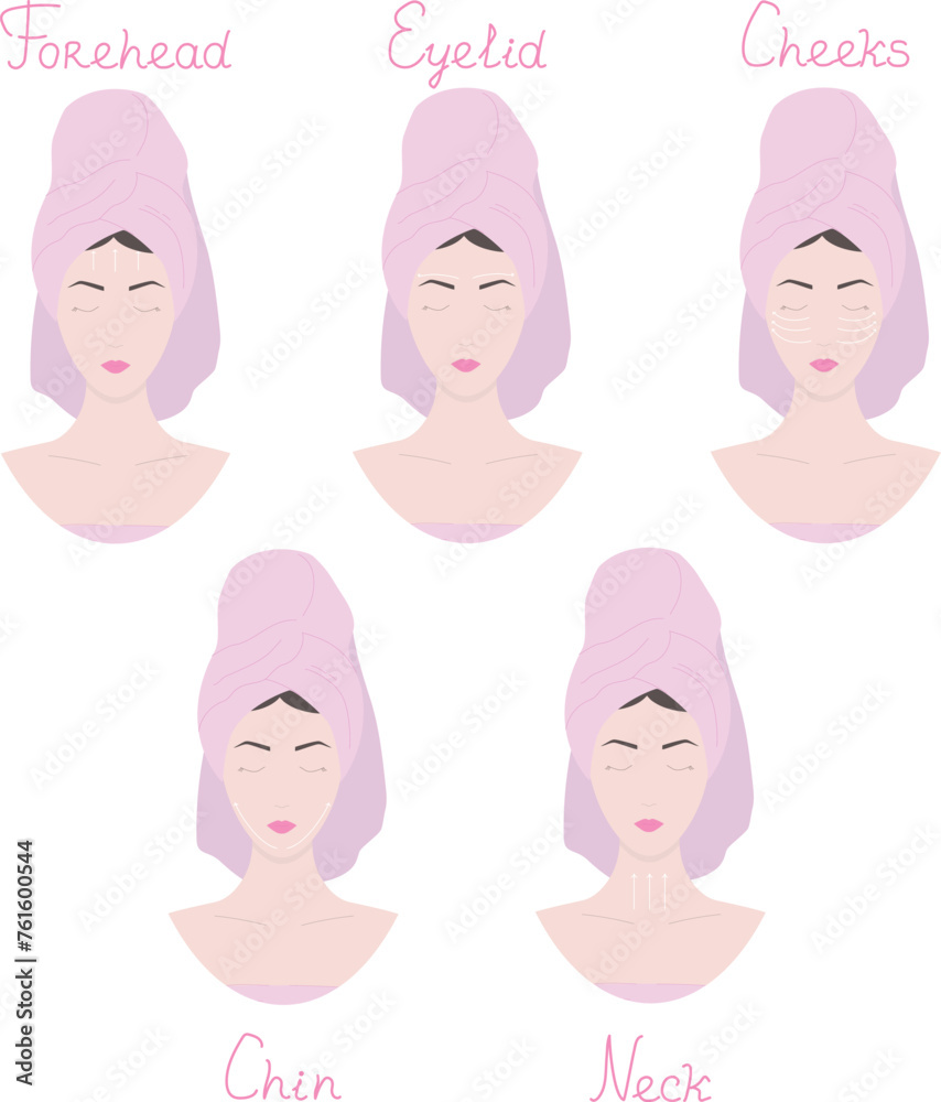 Step by step facial massage tutorial.Female face with massaging lines. Step by step facial massage tutorial.Female face with massaging lines.
