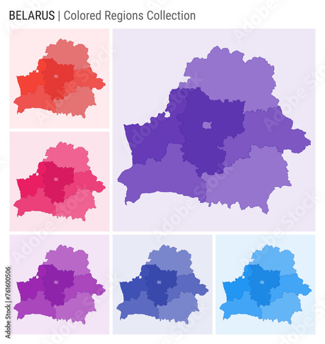 Belarus map collection. Country shape with colored regions. Deep Purple  Red  Pink  Purple  Indigo  Blue color palettes. Border of Belarus with provinces for your infographic. Vector illustration.