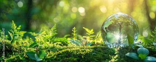 Glass Globe with Forest Vegetation on Mossy Ground: A Symbol of Environmental Protection and Global Harmony