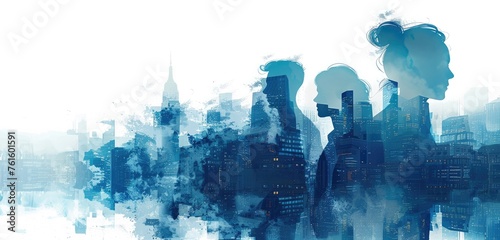 Business People Collaborating in Double Exposure with Blue Cityscape
