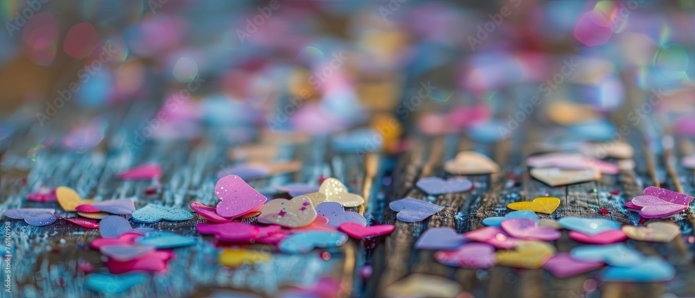 A soft-focus scene of heart-shaped confetti scattered across a wooden surface celebrating love and joy
