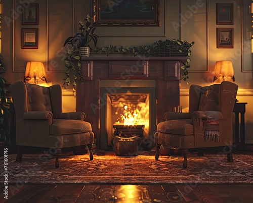 A scene of a cozy fireside setting with two chairs side by side photo
