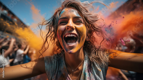 Young people exuberantly celebrate outside a summer festival in the daytime, their joyful laughter and colorful splashes echoing the spirit of the Holi festival. © tong2530