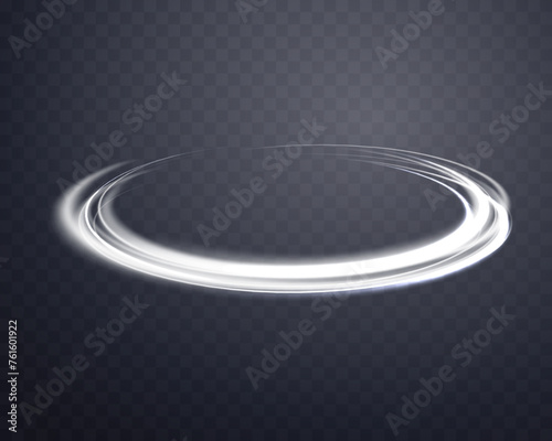 Silver glowing magic ring. Neon realistic energy flare halo ring. Abstract light effect on a dark transparent background. Vector illustration.