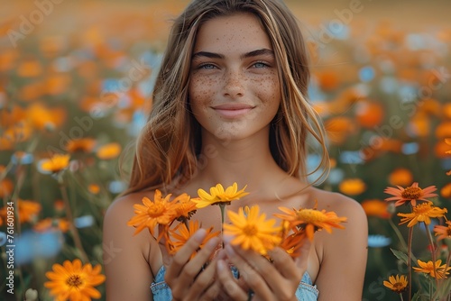 Young Woman Standing in Field of Flowers