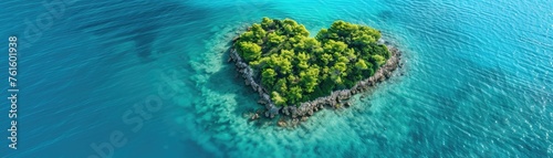 A serene background of a heart-shaped island in the middle of a clear blue sea symbolizing secluded and peaceful love