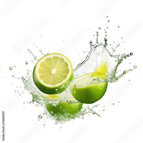 Green lemon splashing water isolated on transparent or white background