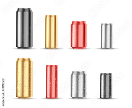 Realistic aluminium can for soda drinks mockup template. Vector illustration of containers for beverages, steel bottles for beer or cold water or juice drinks. Liquid products packaging