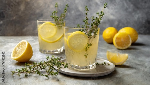 Glasses with lemon and thyme refreshing drink. high quality photo