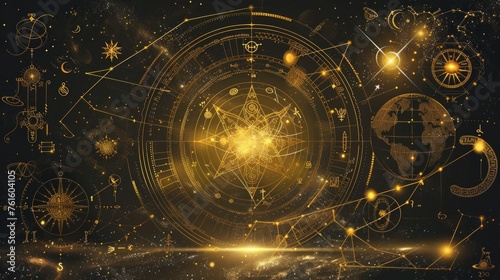 Mystical Astrology Chart with Planetary Icons and Stars