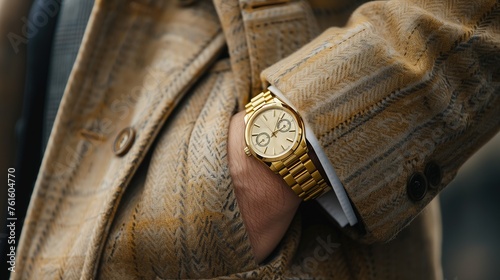 a man in a classic black suit wears a classic gold watch