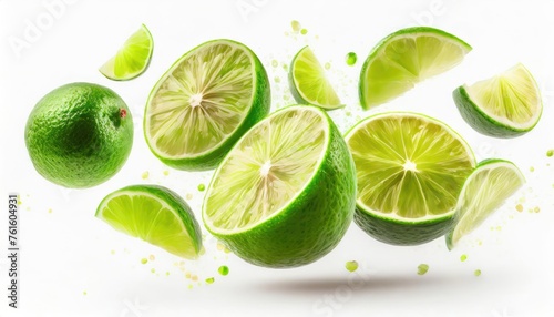 Lime fruits cut pieces flying in air isolated on white background. With clipping path. 