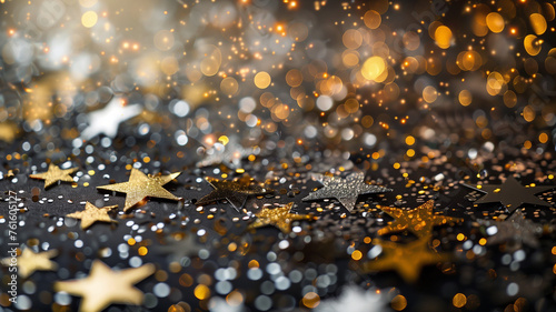Star-shaped confetti, gala night, zoomed in, silver and gold, left side open for text
