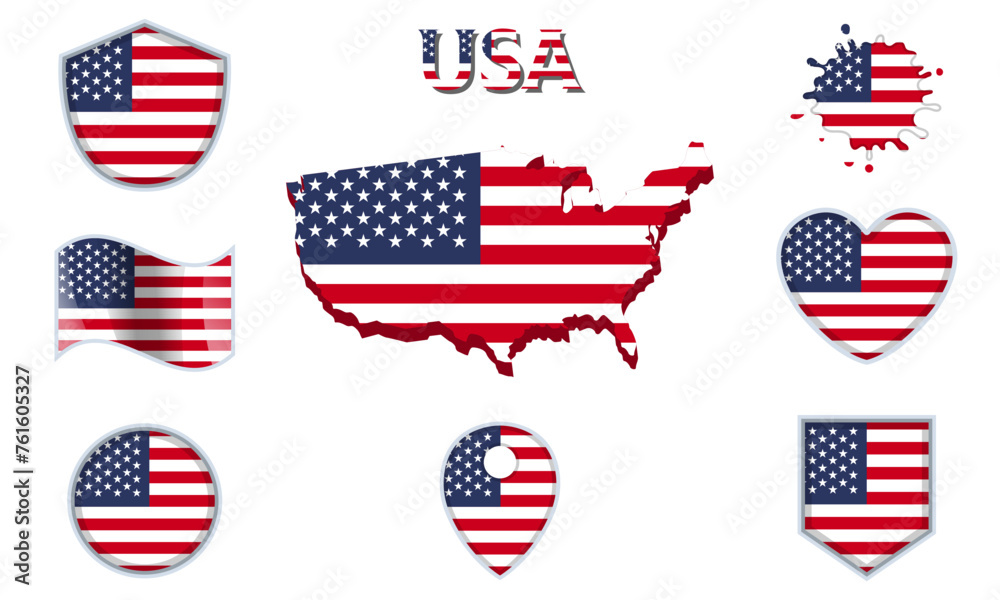 Collection of flat national flags of USA with map Collection of flat national flags of USA with map