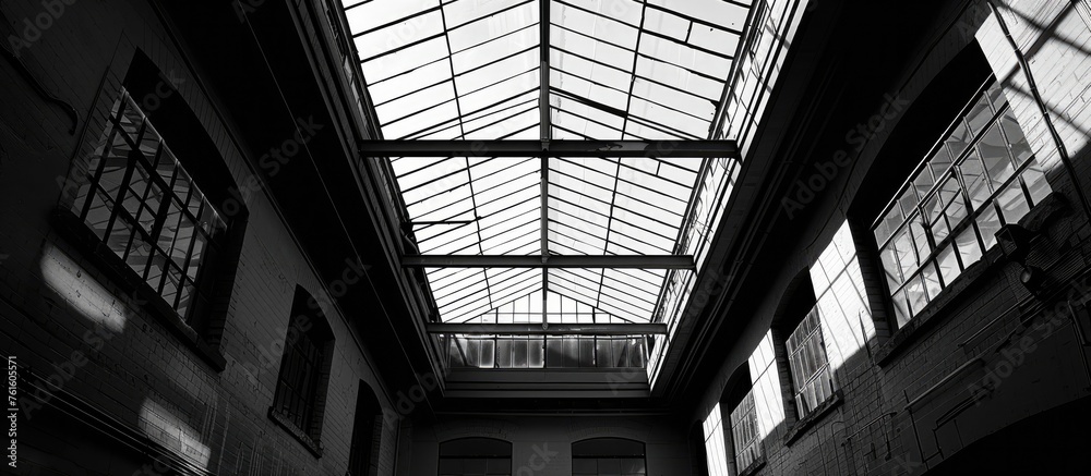 Black and White Industrial Glass Roof in Old Factory Building Illuminated by Natural Light