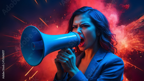 Women shouting into megaphone 
using a megaphone, female social media activists 

