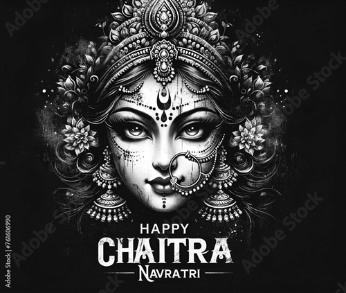 Grunge black and white illustration for chaitra navratri with stylized face of goddess durga.