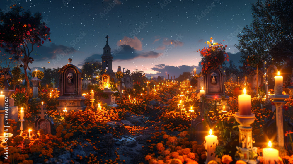 Traditional Dia de los Muertos graveyard scene with lit candles and floral tributes at night. Traditional Dia de los Muertos graveyard scene with lit candles and floral tributes at night.