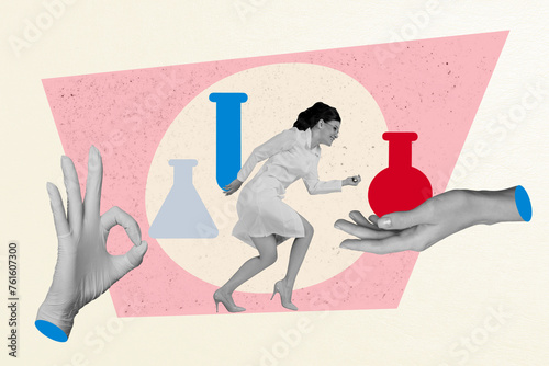 Composite collage picture image of female doctor running okey laboratory flask chemistry medicine fantasy billboard comics zine