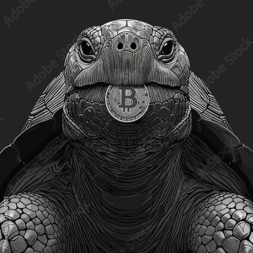 Closeup Turtle hold Bitcoin Crypto Monochrome Style