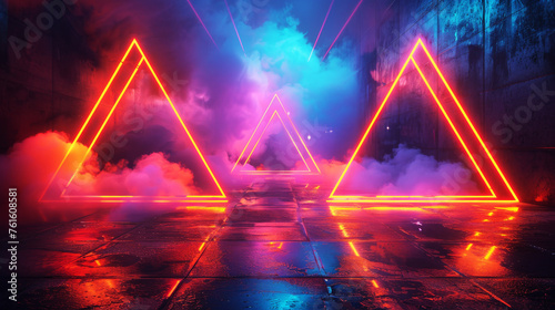Triadic Neon Lights with Smoke Effects.
A scene featuring triadic neon lights piercing through smoke, highlighting a dramatic contrast of colors and effects.