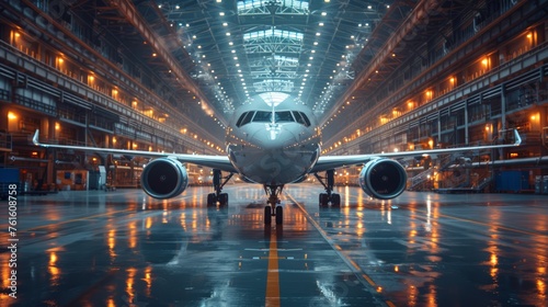 airplane, aircraft, air freight, travel, Large hangar with aircraft manufacturing in progress