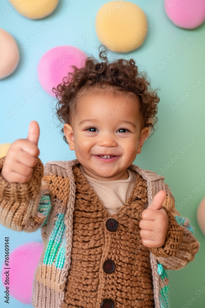 Cheerful toddler giving thumbs up with copy space on pastel background