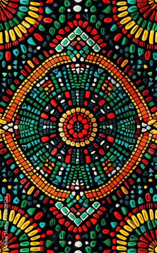 African-Inspired Geometric Mosaic Pattern in Vibrant Colors on Black Background