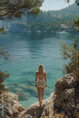 A woman in a white dress is enjoying the coastal view, standing on a rock overlooking the tranquil waters of a lake. The natural landscape offers a serene moment for leisure and travel