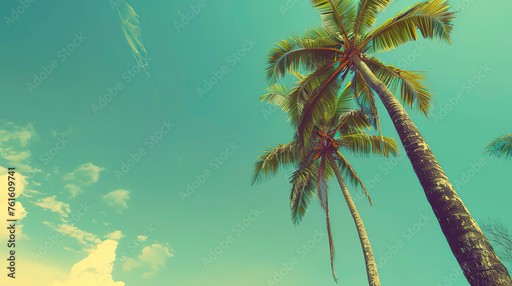 Tropical summer vacation background with palm trees and a blue sky
