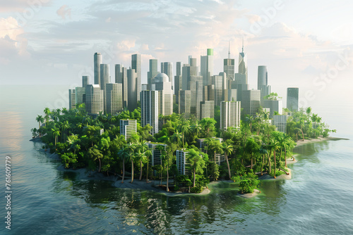 Eco-friendly cityscape with green buildings and renewable energy sources.