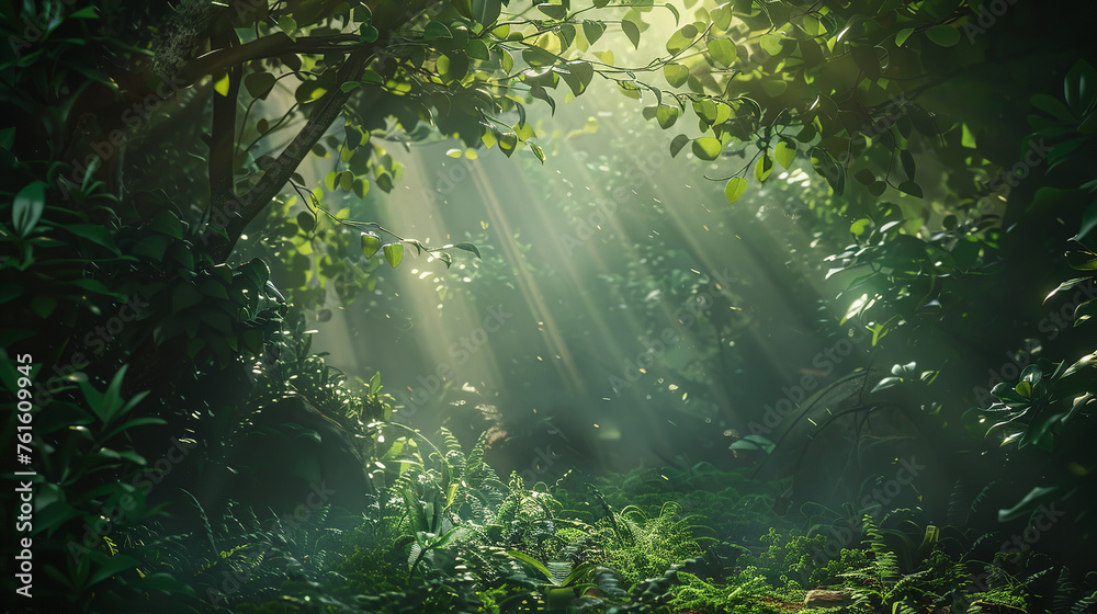Capture the soft morning light filtering through the leaves of a dense forest, creating a magical and ethereal atmosphere