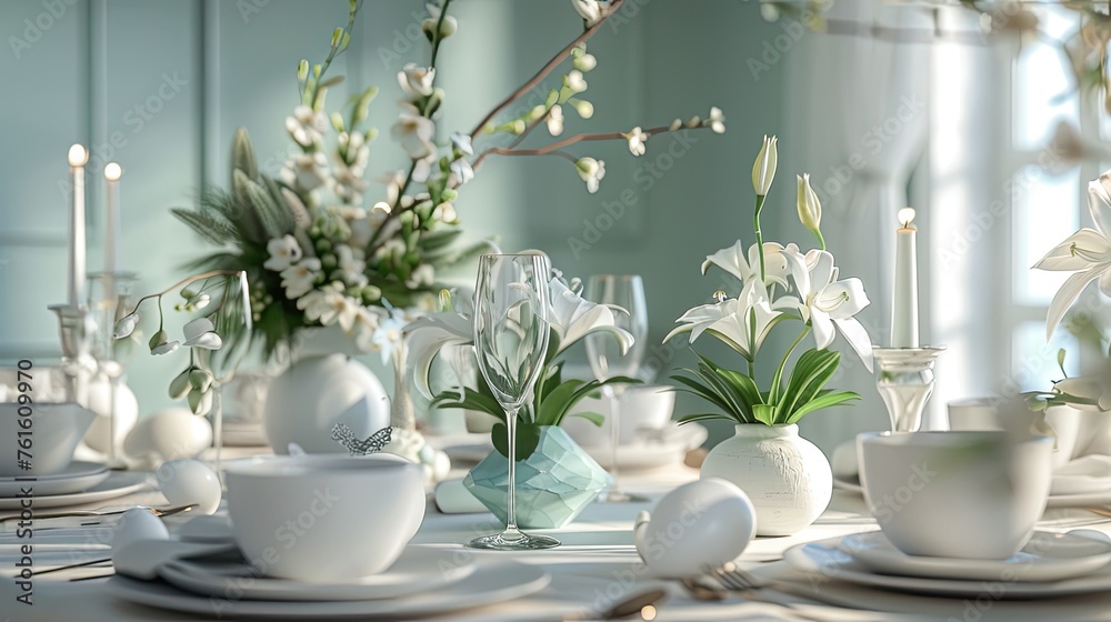 an Easter-themed tablescape adorned with delicate decorations in soft, light colors.