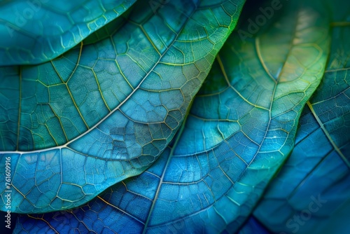 Closeup of leaf veins in blue and green, showcasing intricate patterns with subtle lighting effects Generative AI