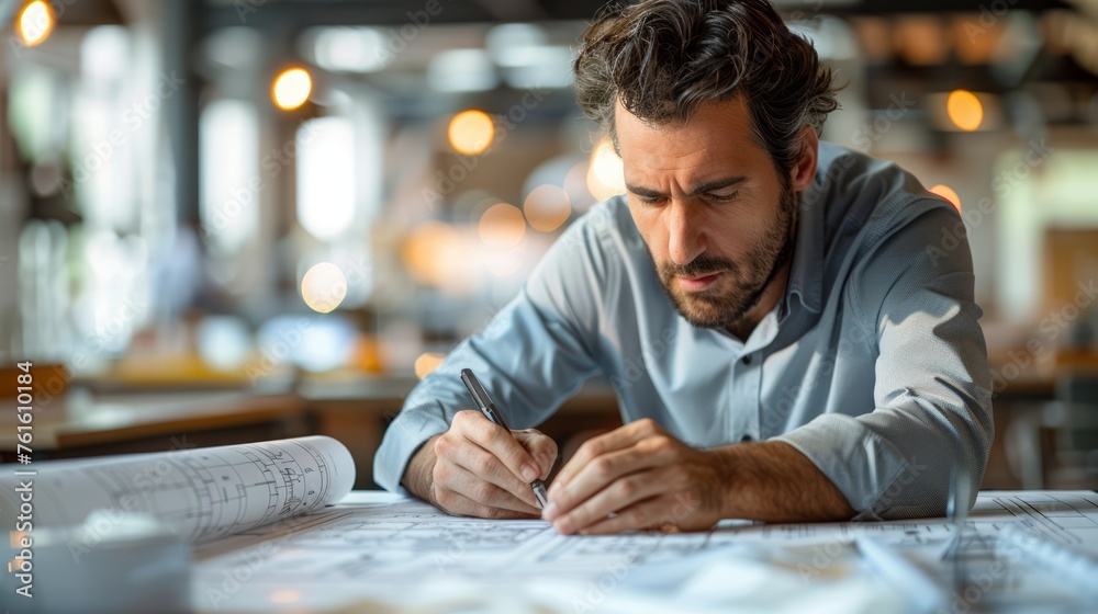 Engineer analyzing architectural blueprints Engineer analyzing architectural blueprints