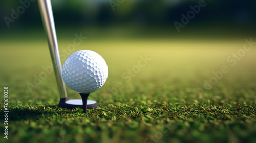 Golf ball on a tee, with golf club in position to strike