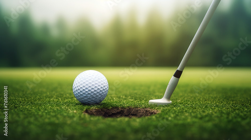 Golf ball on a tee, with golf club in position to strike