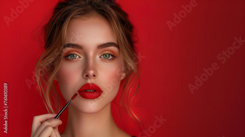 lady putting a makeup, red background, beautiful constrast, high details, minimalist