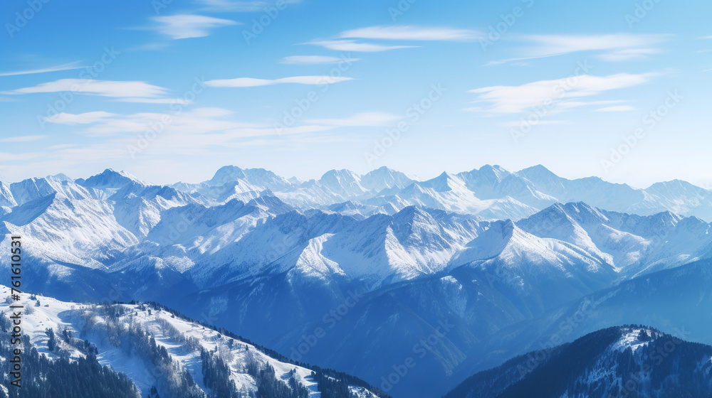 Photograph a snowy mountain range against a clear winter sky, highlighting the grandeur of nature and open space Photograph a snowy mountain range against a clear winter sky, highlighting the grandeur of nature and open space