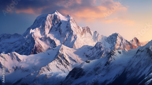 Photograph a snowy mountain range against a clear winter sky, highlighting the grandeur of nature and open space © Nate