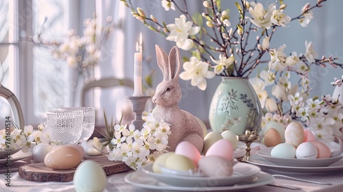 an Easter-themed tablescape adorned with delicate decorations in soft, light colors.