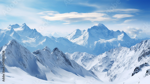 Photograph a snowy mountain range against a clear winter sky, highlighting the grandeur of nature and open space © Nate