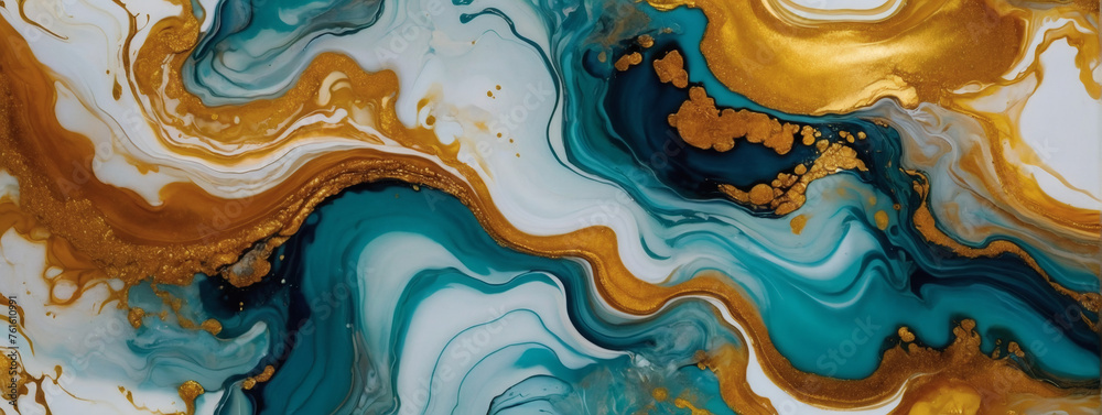 Abstract fluid art masterpiece in alcohol ink, crafted with a delicate touch to produce tender waves and opulent golden swirls, providing a dreamy wallpaper that radiates natural luxury and elegance. - obrazy, fototapety, plakaty 