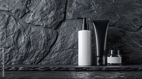 Set Products beauty, white and black color on the products, on dark slate, beautiful constrast, high details, minimalist photo